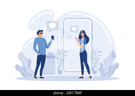 Uomo e donna utilizzando online dating app su smartphone e riunione a tavola, persone piccole. Data cieca, datazione di velocità, concetto di servizio di datazione online. piatto v Illustrazione Vettoriale