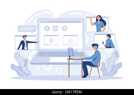 Riunioni aziendali online, lavoro da casa, software per videoconferenze e comunicazione online. Persone che utilizzano il computer per riunioni virtuali collettive Illustrazione Vettoriale