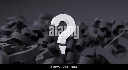Domanda bianca sullo sfondo del punto interrogativo nero sfocato. Chiedere, chiedere, concetto di ricerca. rendering 3d Foto Stock