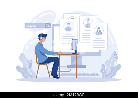 Ricerca di talenti. Specialista delle risorse umane che cerca un candidato utilizzando il laptop, il responsabile delle risorse umane, il processo di reclutamento, la pubblicazione di un vettore di posti vacanti cartoon.flat Illustrazione Vettoriale