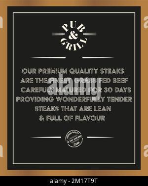 Pub and Grill Premium Quality, 30 giorni di bistecca stagionato, menu di lavagna con cartellone. Illustrazione Vettoriale