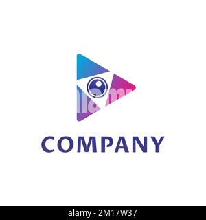 Forma triangolare con sfera oculare. Logo a tre angoli nel pulsante Play. Illustrazione Vettoriale
