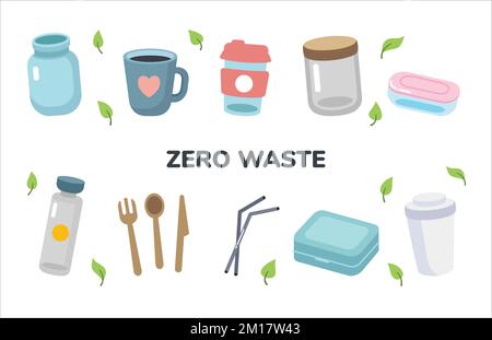 Set di stoviglie ecocompatibili - vasetto di vetro, tazza da caffè riutilizzabile, posate in legno, pranzo al sacco. Concetto di zero sprechi. Illustrazione vettoriale nel cartone animato st Illustrazione Vettoriale