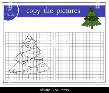 Copia la foto, Giochi educativi per bambini, Cartoon Christmas Tree. Illustrazione Vettoriale