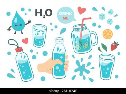Bere più concetto di acqua, bere acqua in tazza, bottiglia di vetro. Set di varie bottiglie, bicchieri disegnati a mano, abitudini quotidiane corrette, ritu mattutino Illustrazione Vettoriale
