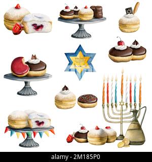 Hanukkah acquerello con colorati simboli disegnati a mano con menorah, ciambelle, dreidel, monete, olio isolato su sfondo bianco Foto Stock