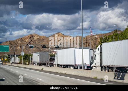 Convoglio di trasporto commerciale di grado industriale di diversi carrelli semi-carro grande con semirimorchi in piedi sulla stazione di pesatura con Foto Stock