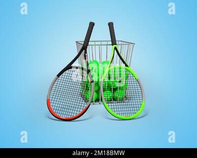 3D Set illustrativo di tennis grande per l'allenamento su sfondo blu con ombra Foto Stock