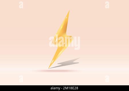 3D simbolo di fulmine flash tuono isolato su sfondo arancione chiaro. Rappresentazione vettoriale realistica di volt, pericoli, fulmini 3D. Illustrazione Vettoriale