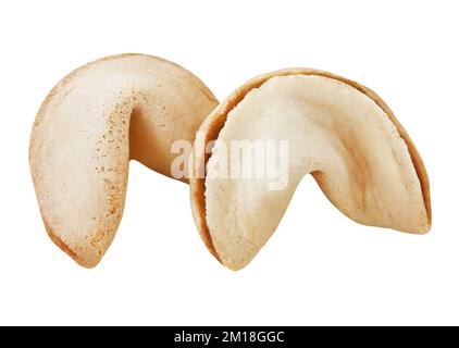 2 biscotti Fortune isolati su sfondo bianco Foto Stock