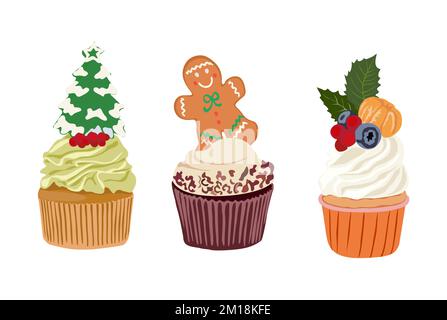 Set di cupcake di Natale. Cibo natalizio dolce Illustrazione Vettoriale