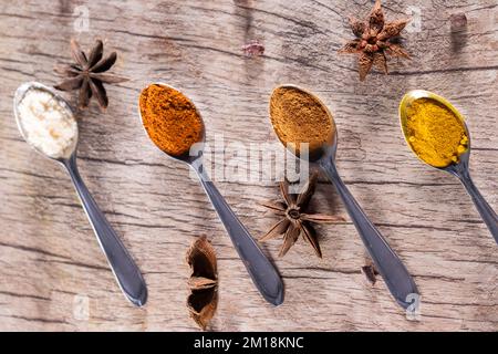 Spezie tipiche brasiliane - mandorle, cannella, paprika e curcuma in polvere in un cucchiaio su un tavolo di legno rustico. Foto Stock
