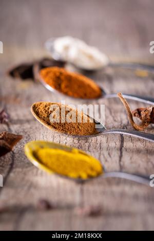 Spezie tipiche brasiliane - mandorle, cannella, paprika e curcuma in polvere in un cucchiaio su un tavolo di legno rustico. Foto Stock