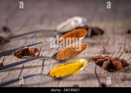 Spezie tipiche brasiliane - mandorle, cannella, paprika e curcuma in polvere in un cucchiaio su un tavolo di legno rustico. Foto Stock