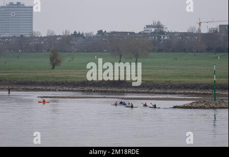 11 dicembre 2022, Renania settentrionale-Vestfalia, Düsseödorf: I pagaioli attraversano il Reno in un clima cupo vicino a Düsseldorf al terzo dell'Avvento. Foto: Thomas Banneyer/dpa Foto Stock