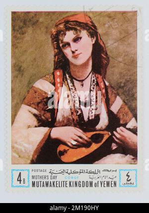 Foto di un francobollo dello Yemen Christine Nilson o della bohémienne con mandolino di Corot Mother's Day Women Paintings serie 1968 Foto Stock