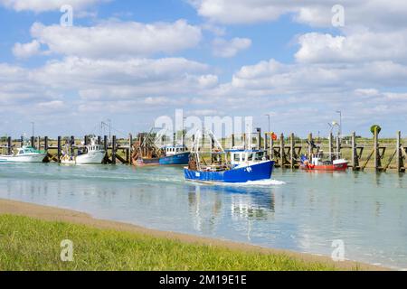 Porto di Rye una barca da pesca locale sul fiume Rother sta lasciando il fiume Rother per pescare nella baia di Rye fiume Rother Sussex Inghilterra UK GB Europa Foto Stock