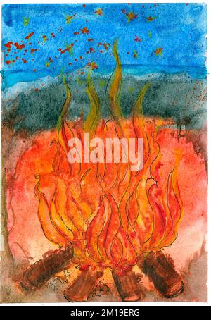 Fuoco di fuoco di fiamma lingue di fuoco. Disegno di acquerello di falò. Verniciatura disegno a mano. Disegnato a mano Foto Stock