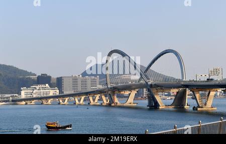 Hong Kong. 8th Dec, 2022. Questa foto scattata il 8 dicembre 2022 mostra il ponte Tseung Kwan o Cross Bay Bridge a Hong Kong, Cina meridionale. PER ANDARE CON 'Hong Kong's Tseung Kwan o Cross Bay Bridge apre al traffico' credito: Chen Duo/Xinhua/Alamy Live News Foto Stock