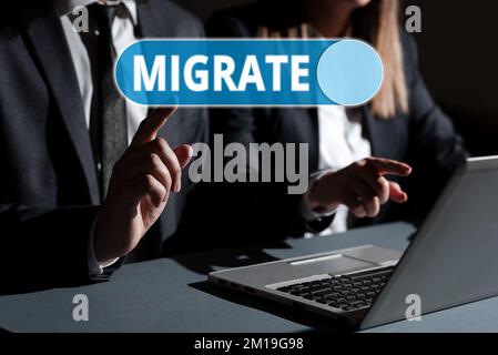 Ispirazione che mostra segno Migrate. Parola scritta su per spostarsi o viaggiare da un paese o località ad un altro Foto Stock