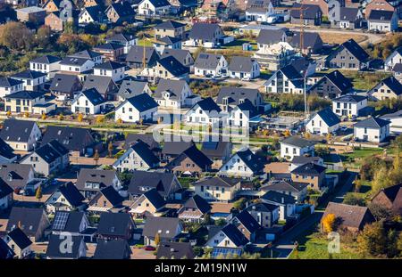 Vista aerea, nuovo edificio residenziale parco Schulze-Everding Everdings Hof nel quartiere di Bockum-Hövel a Hamm, zona Ruhr, Renania settentrionale-Vestfalia, Foto Stock