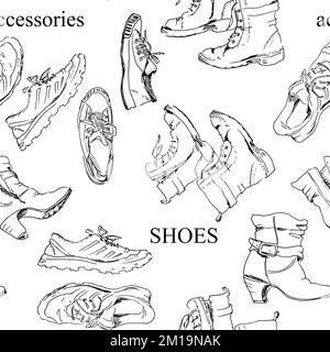 Modello senza cuciture con diversi tipi di scarpe da donna e da uomo. Sneakers, stivali, gommose e stivaletti. Autunno, inverno e primavera. Foto Stock