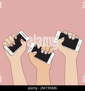 Illustrazione piatta delle mani che tengono i telefoni vettoriali Illustrazione Vettoriale