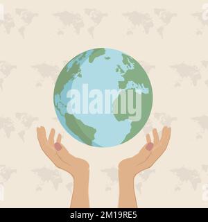 Illustrazione con le mani che tengono il pianeta Terra piatto. Salvare il concetto di pianeta, ambiente, ecologia. Illustrazione Vettoriale