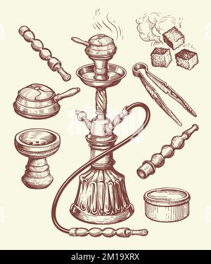 Shisha e accessori schizzo. Narghilè, kaloud, pinze, carbone, tabacco. Illustrazione vettoriale vintage disegnata a mano Illustrazione Vettoriale