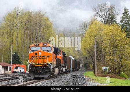 Skykomish, WA, USA - 26 aprile 2022; treno a carbone vuoto BNSF che passa in direzione est attraverso Skykomish in una giornata di primavera bagnata Foto Stock