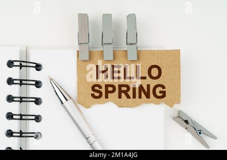 Concetto di business e finanza. Su uno sfondo bianco si trova un taccuino, una penna, vestiti e cartone con l'iscrizione - Hello Spring Foto Stock