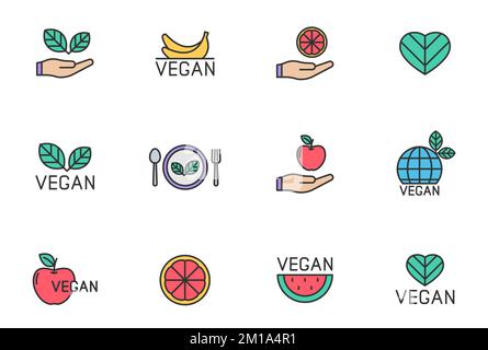 Set di icone di linee piene di colore vegano. Icone delle linee a colori vegane Illustrazione Vettoriale