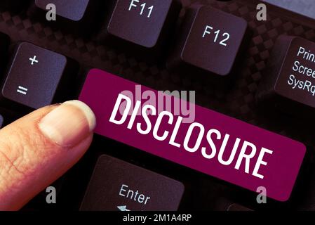 Divulgazione concettuale della visualizzazione. Concetto che indica l'azione di rendere note le informazioni riservate nuove o segrete Foto Stock