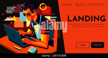 Uomo che lavora su un notebook. Concetto di contabilità o sviluppo. Illustrazione vettoriale Illustrazione Vettoriale