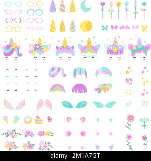 Bundle di elementi facce Unicorn. Unicorni creato kit, dolci e corone floreali. Arcobaleno pony orecchie, emozioni e ciglia. Set vettoriale cartoon Illustrazione Vettoriale