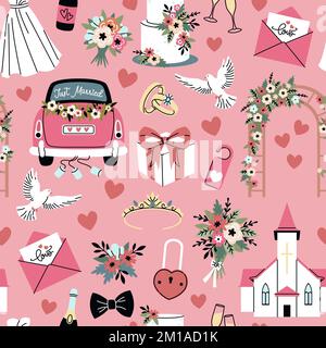 Disegno di nozze del cartone animato senza giunture. Elementi per feste di fidanzamento, accessori per sposi e sposi, anelli e colomba, simboli d'amore, chiesa e auto, torta di festa Illustrazione Vettoriale