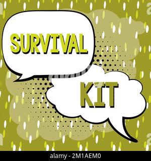 Cartello di testo che mostra il kit di sopravvivenza. Word per la raccolta di dispositivi di emergenza per aiutare qualcuno Foto Stock