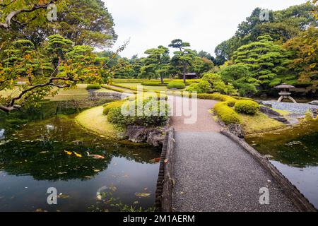 Palazzo imperiale Ninomaru Giardini ponte al laghetto in caduta Foto Stock