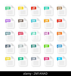 Formati file di sistema comuni. Tipi di documento ed estensioni. Collezione icone stile piatto. Pittogramma del documento, elemento dell'interfaccia utente del disegno Web, modello. Computer Illustrazione Vettoriale