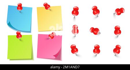 Note adesive vuote realistiche isolate su sfondo bianco. Fogli colorati di carta da appunti con spille rosse. Promemoria di carta e perno di plastica con Illustrazione Vettoriale