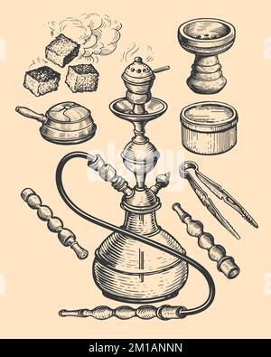 Gancio e accessori schizzo. Narghilè, tabacco, pinze, carbone. Illustrazione vettoriale vintage disegnata a mano Illustrazione Vettoriale