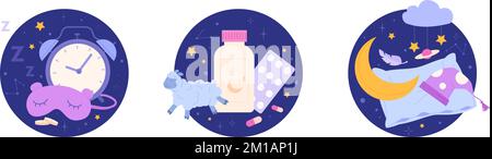 Migliori articoli per dormire. Elementi di meditazione del sonno, terapia del sonno concetto di sollievo dall'insonnia, maschera facciale sveglia cuscino e pillole per sognare sano, icone vettoriali illustrazione del sonno a letto Illustrazione Vettoriale