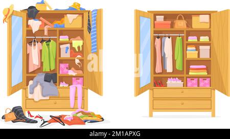 guardaroba disordinato. Pulizia gettare le cose armadio a casa, organizzare l'ordine di abbigliamento prima di abito pasticcio armadio, disordinato stile di vita concetto di clutter vestiti cartone animato pulito vettore illustrazione di guardaroba disordinato Illustrazione Vettoriale
