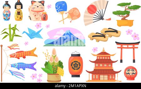 Elementi di viaggio giapponesi. Simboli della cultura tradizionale del paese giapponese, tokyo pagoda kite giocattolo fortunato gatto geisha anno nuovo kadomatsu punto di riferimento culturale asiatico, illustrazione vettoriale di viaggio giapponese punto di riferimento Illustrazione Vettoriale