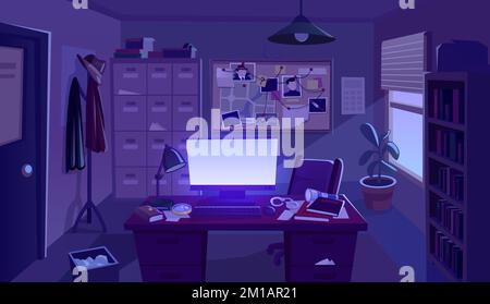 Ufficio di rilevamento notturno. Camera investigatore privato scuro stazione di polizia per investigazione del crimine, luce computer su carta scrivania scrittore criminale, noir vettore illustrazione di ufficio notte detective Illustrazione Vettoriale