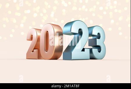 Modello per banner felice anno nuovo 2023 con numeri metallici su sfondo crema in rendering 3D realistico Foto Stock