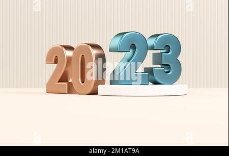 Felice nuovo anno 2023 modello di sfondo per banner minimalista con numeri metallici in rendering 3D realistico Foto Stock