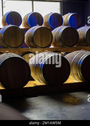 Camminando in profonde e lunghe grotte sotterranee con botti di legno, facendo spumante champagne da uve chardonnay e pinor noir a Epernay, Champag Foto Stock