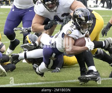 Pittsburgh, Stati Uniti. 11th Dec, 2022. Baltimore Ravens indietro J.K. Dobbins (27) si tuffa nella zona finale e segna un touchdown nel primo trimestre contro i Pittsburgh Steelers all'Acrisure Stadium di domenica 11 dicembre 2022 a Pittsburgh. Foto di Archie Carpenter/UPI Credit: UPI/Alamy Live News Foto Stock