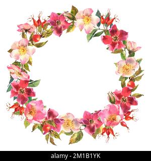 Wreath rosa acquerello. Fiori, foglie e frutti di rose selvatiche. Briar, acquerello per decorazione. Illustrazione acquerello isolata su w Foto Stock